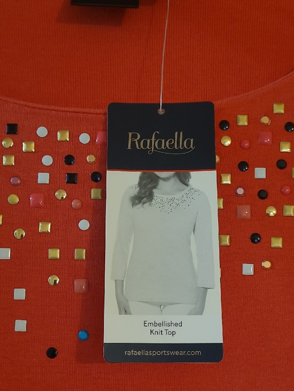 Rafaella Coral Long-Sleeve Scoop Neck Top with Mixed Metallic Embellishments - Picture 2 of 5